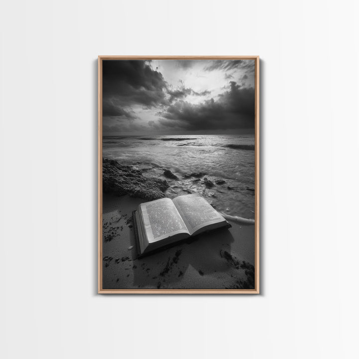 Book Beach Twilight, Reading By Ocean, Literary Seascape, Canvas Print, Study Wall Art, Moody Literary Art, Minimalist Coastal Decor