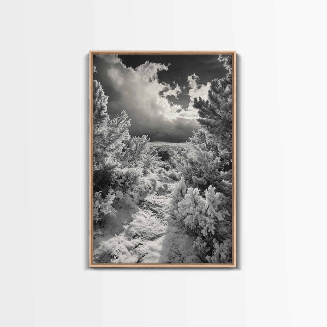 Snowy Pine Path, Winter Forest Light, Frozen Landscape Art, Canvas Print, Holiday Wall Art, Minimalist Winter, Nordic Style Decor