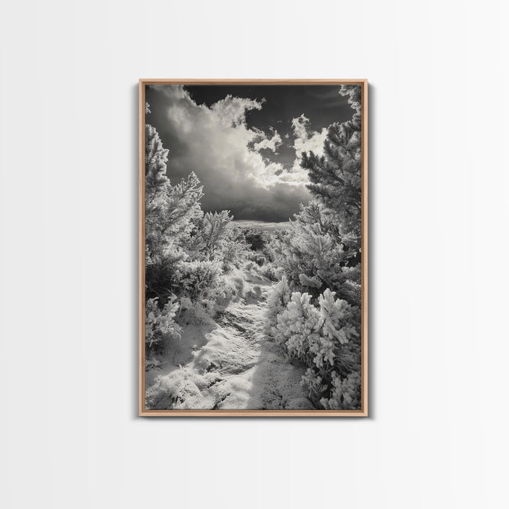 Snowy Pine Path, Winter Forest Light, Frozen Landscape Art, Canvas Print, Holiday Wall Art, Minimalist Winter, Nordic Style Decor