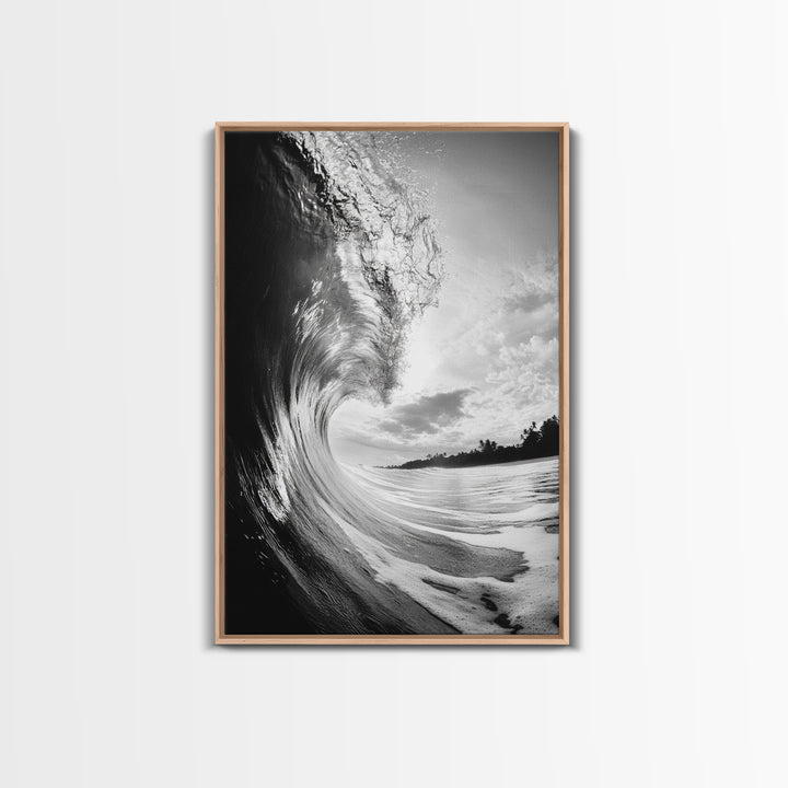 Ocean Wave Curl, Sea Barrel Art, Surf Power Print, Framed Canvas Print, Bathroom Wall Art, Modern Beach Decor, Black White Seascape