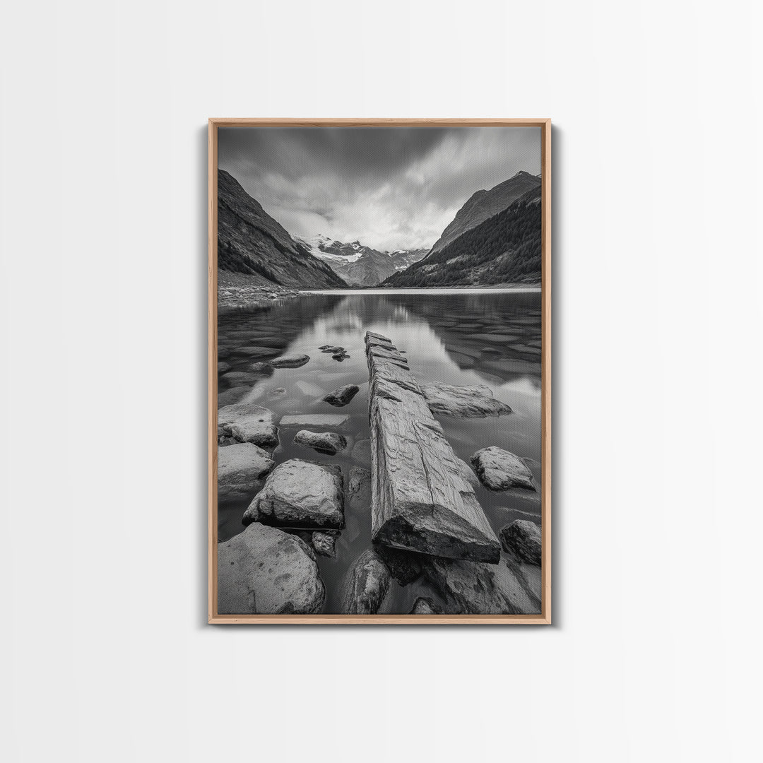 Mountain Lake Log, Alpine Serenity Scene, Tranquil Rock Shore, Canvas Print, Bedroom Wall Art, Nature Retreat, Minimalist Landscape
