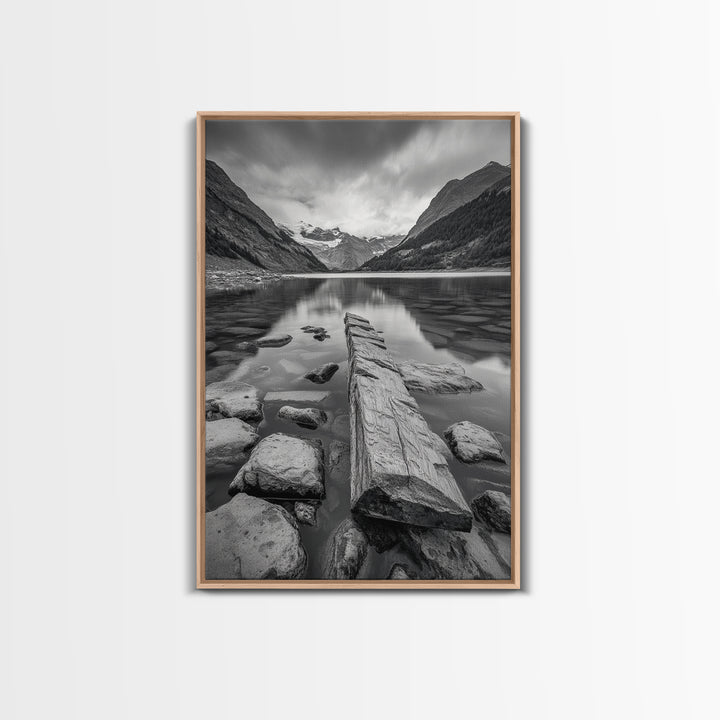Mountain Lake Log, Alpine Serenity Scene, Tranquil Rock Shore, Canvas Print, Bedroom Wall Art, Nature Retreat, Minimalist Landscape
