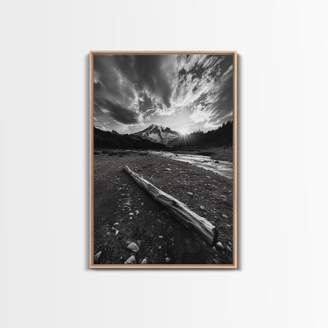 Mountain Sunrise Drift, Alpine Peak Glow, Majestic Morning View, Framed Canvas Print, Entryway Wall Art, Moody Nature Decor, Cabin Style