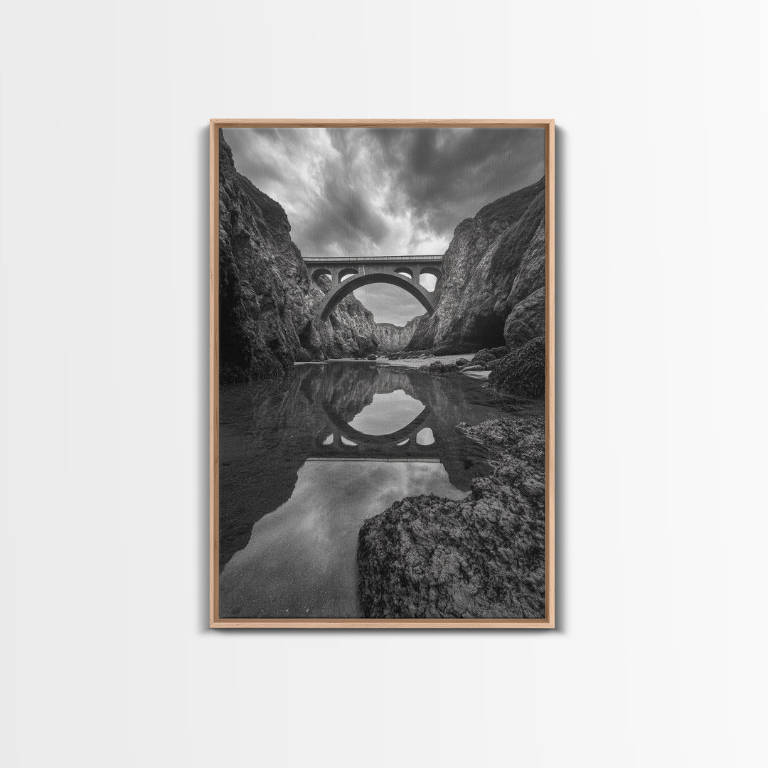 Stone Bridge, Reflections, River Archway, Nature Drama, Framed Canvas Print, Landscape Wall Art, Monochrome Photography, Entryway Art