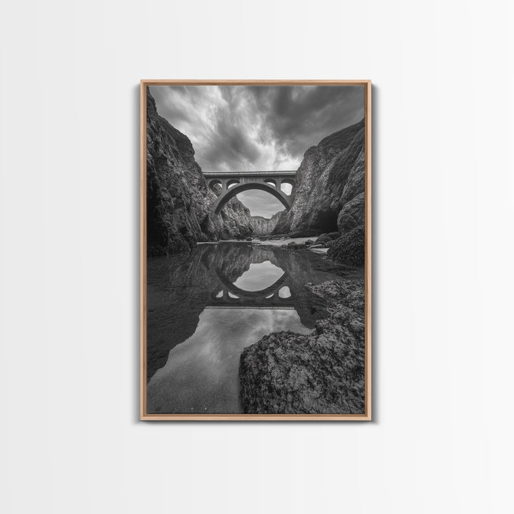 Stone Bridge, Reflections, River Archway, Nature Drama, Framed Canvas Print, Landscape Wall Art, Monochrome Photography, Entryway Art