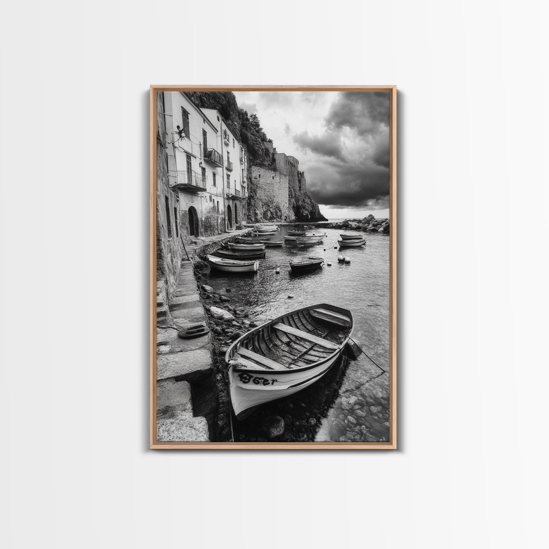 Coastal Village, Fishing Boats, Mediterranean Harbor, Seaside Charm, Framed Canvas Print, Nautical Kitchen Wall Art, Fall Decor Accent