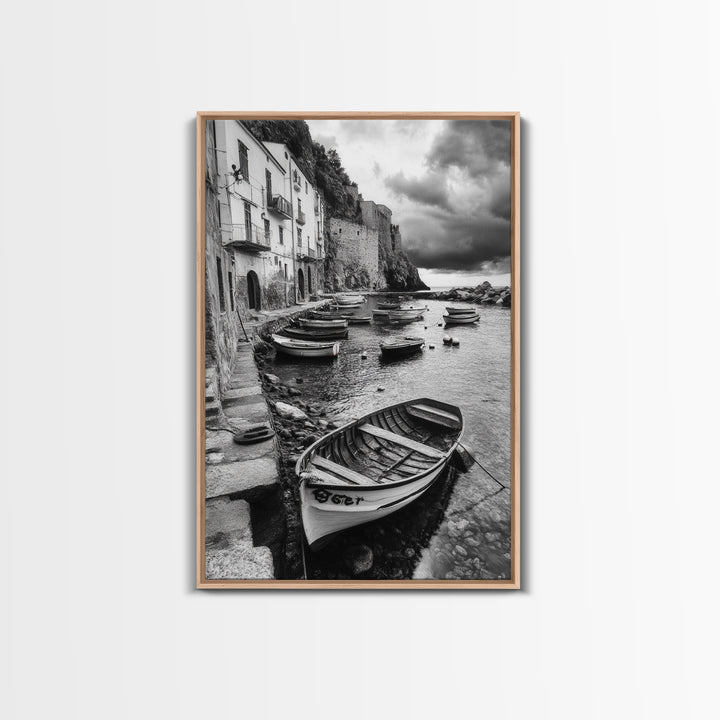 Coastal Village, Fishing Boats, Mediterranean Harbor, Seaside Charm, Framed Canvas Print, Nautical Kitchen Wall Art, Fall Decor Accent