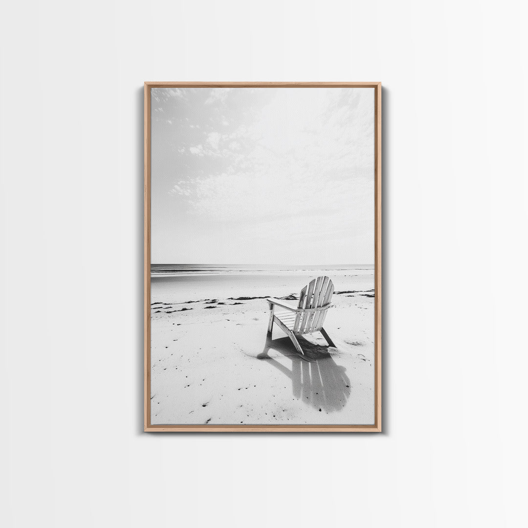 Beach Chair, Coastal Calm, Empty Shoreline, Canvas Print, Minimalist Wall Art, Beach House Decor, Serene Ocean Photography