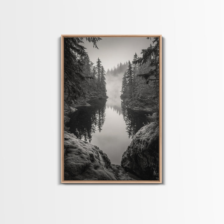 Misty Forest, River Reflection, Foggy Pines, Mountain Silence, Framed Canvas Print, Bedroom Wall Art, Tranquil Nature Photography, Zen Decor