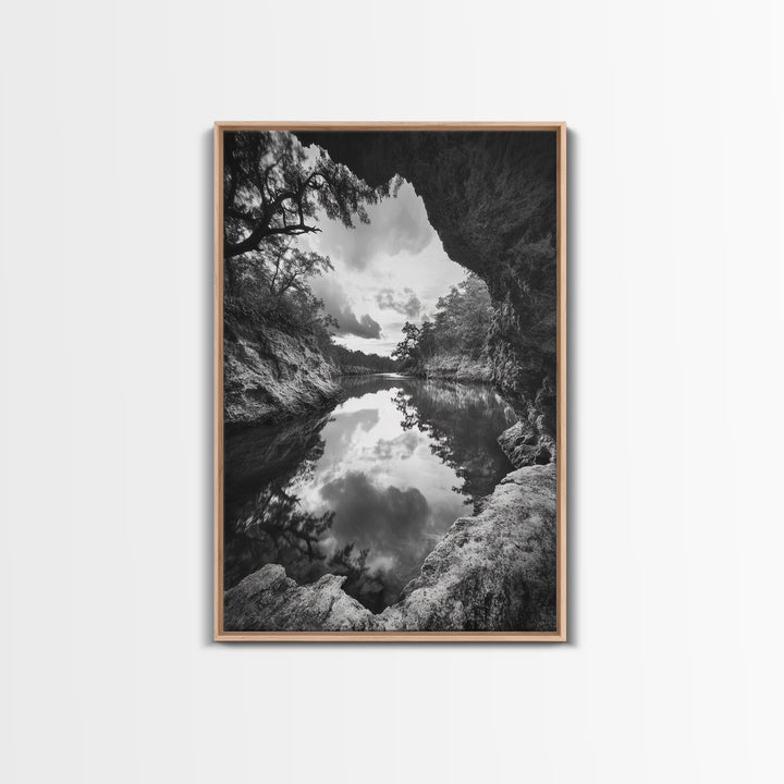 Serene River Reflection, Cave View, Monochrome Nature, Framed Canvas Print, Living Room Wall Art, Tranquil Landscape, Minimalist Decor
