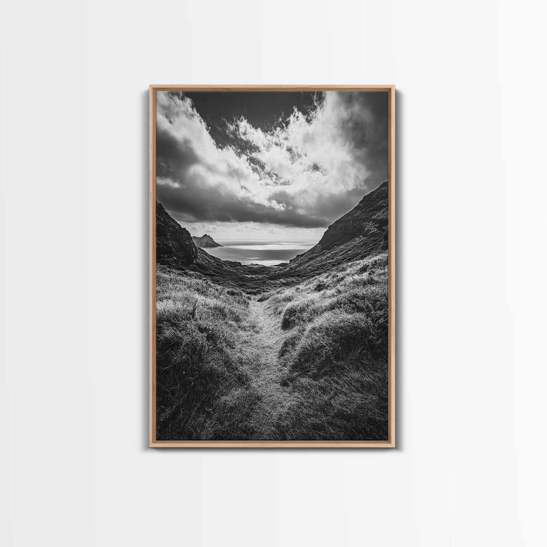 Highland Ocean Trail, Dramatic Clouds, Monochrome Nature, Canvas Print, Office Wall Art, Adventure Landscape, Rustic Home Decor