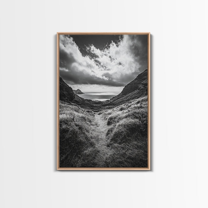 Highland Ocean Trail, Dramatic Clouds, Monochrome Nature, Canvas Print, Office Wall Art, Adventure Landscape, Rustic Home Decor