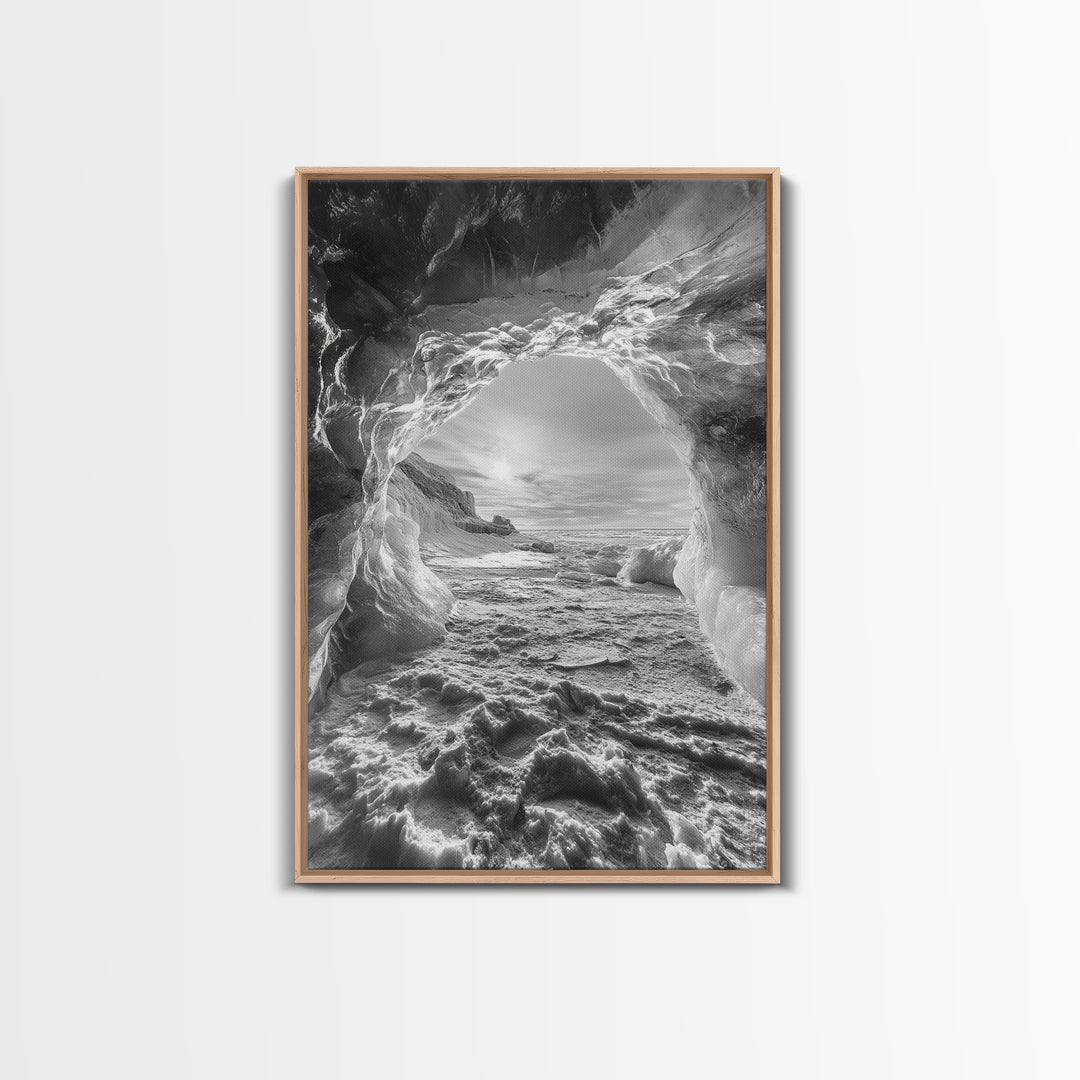 Ice Cave Opening, Winter Wonderland, Arctic Light, Framed Canvas Print, Bedroom Wall Art, Nordic Landscape, Minimalist Winter Art