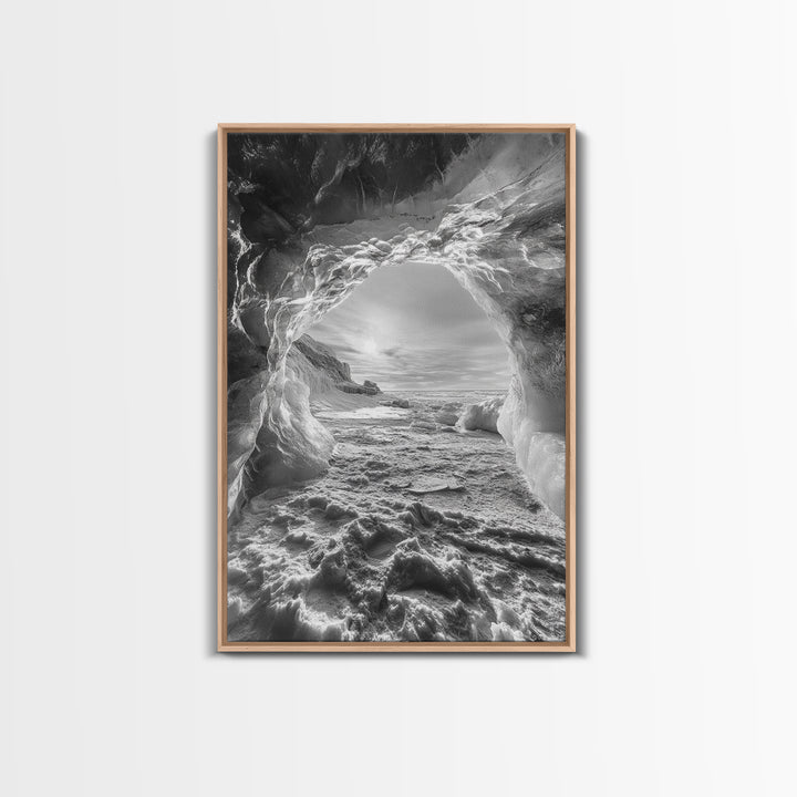 Ice Cave Opening, Winter Wonderland, Arctic Light, Framed Canvas Print, Bedroom Wall Art, Nordic Landscape, Minimalist Winter Art