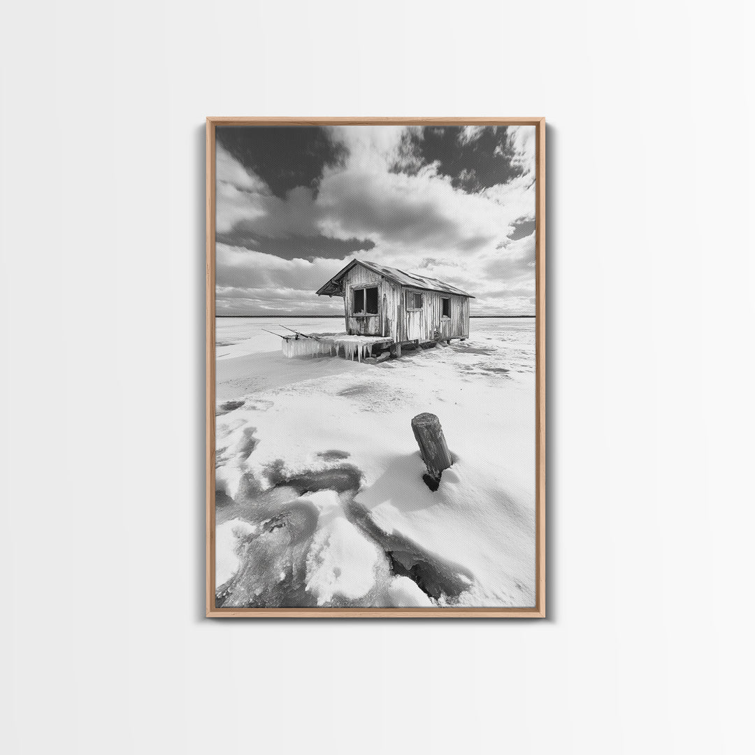 Frozen Cabin Scene, Snowy Landscape, Winter Monochrome, Canvas Print, Cabin Wall Art, Rustic Winter Decor, Nature Photography
