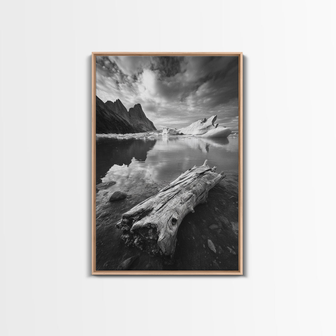Arctic Driftwood View, Iceberg Horizon, Moody Mountains, Framed Canvas Print, Office Wall Art, Monochrome Nature, Nordic Aesthetic