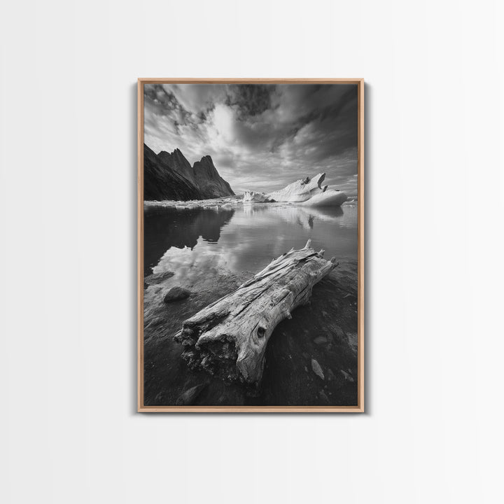 Arctic Driftwood View, Iceberg Horizon, Moody Mountains, Framed Canvas Print, Office Wall Art, Monochrome Nature, Nordic Aesthetic