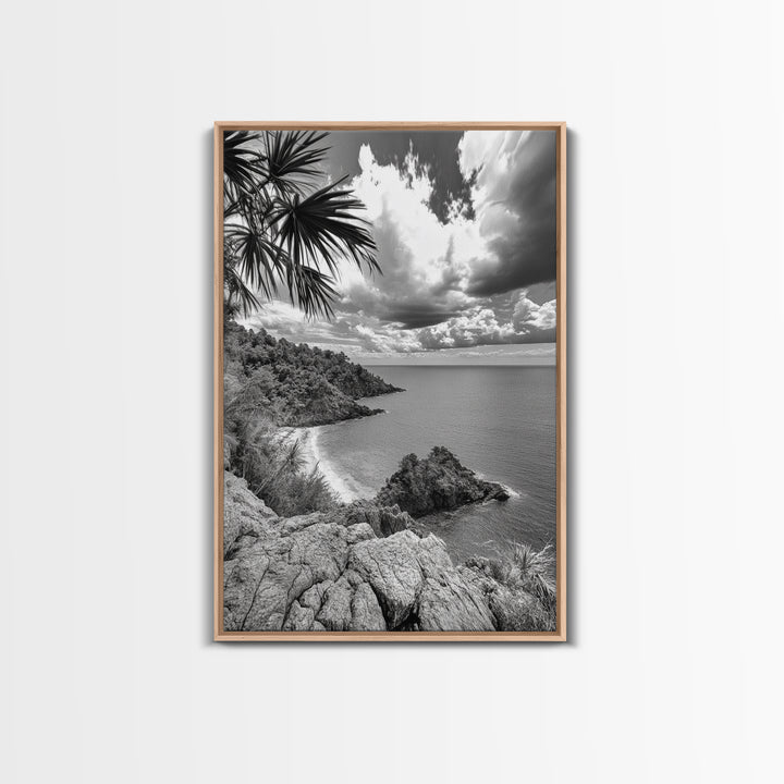 Island View Cliffs, Tropical Shoreline, Black and White Seascape, Framed Canvas Print, Bathroom Art, Travel Decor, Coastal Vibe
