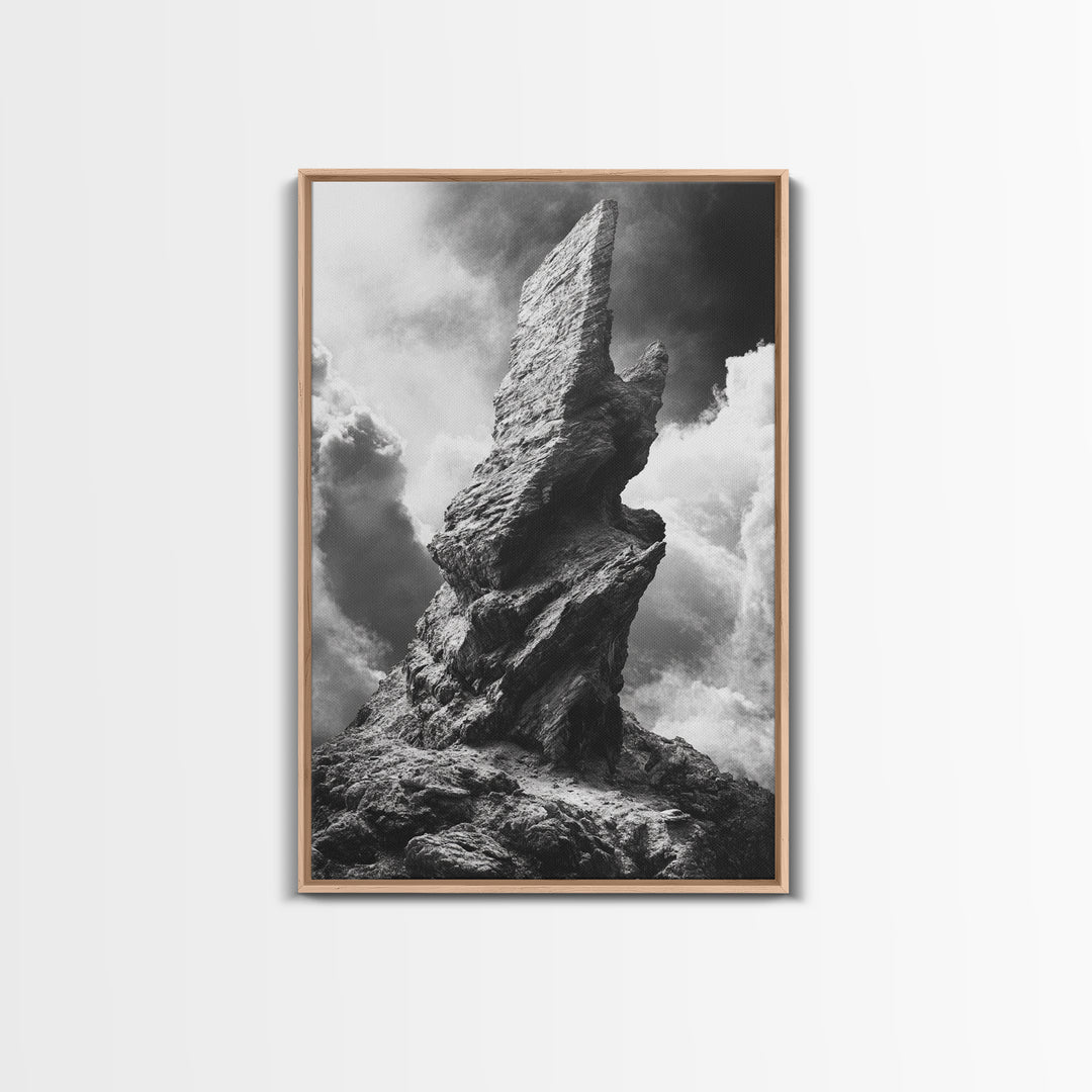 Abstract Rock Tower, Nature Photography, Stormy Sky, Canvas Print, Rustic Decor, Earthy Wall Art, Living Room Art, Moody Landscape Print
