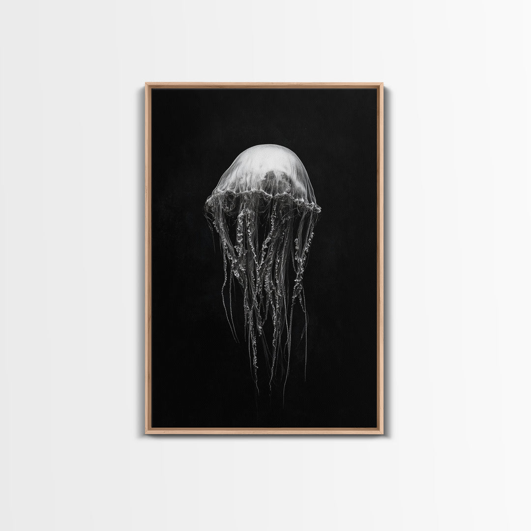 Elegant Jellyfish Art, Ocean Wildlife, Monochrome Marine, Framed Canvas Print, Bathroom Decor, Nautical Wall Art, Minimalist Sea Life
