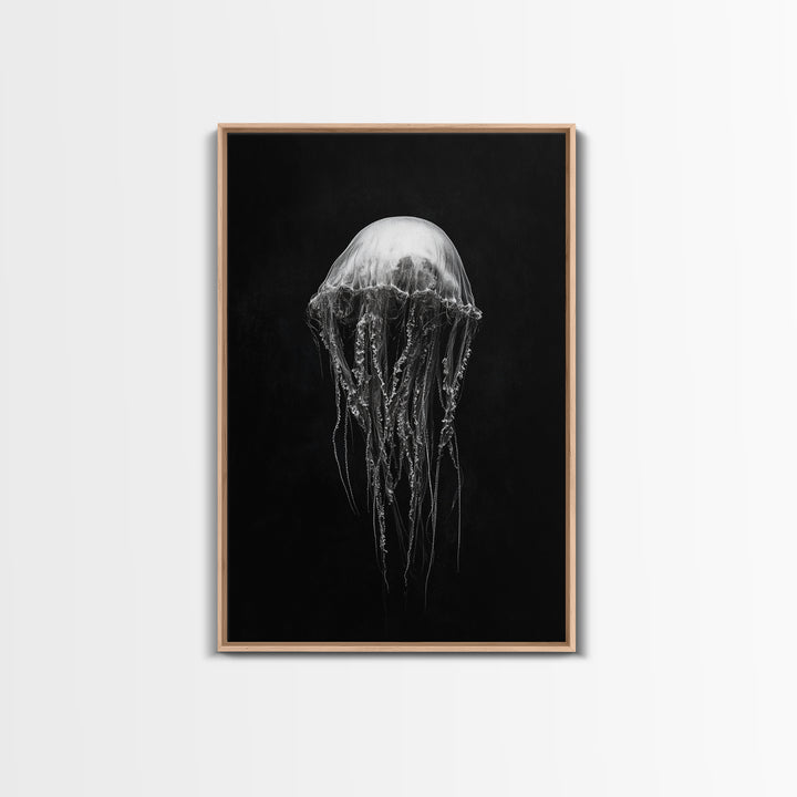 Elegant Jellyfish Art, Ocean Wildlife, Monochrome Marine, Framed Canvas Print, Bathroom Decor, Nautical Wall Art, Minimalist Sea Life