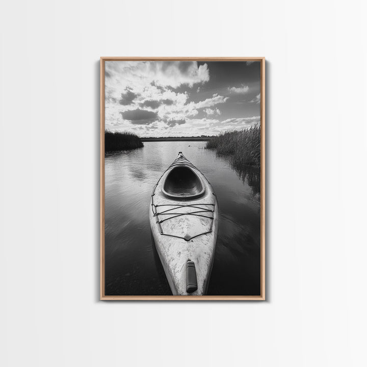 Kayak Lake View, Serene Water Landscape, Outdoor Adventure Art, Canvas Print, Cabin Wall Decor, Nature Lover Gift, Minimalist Water Art