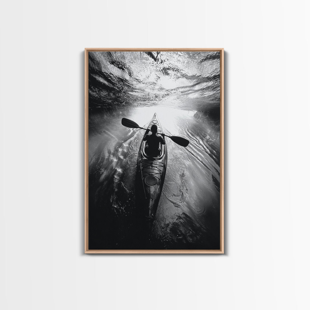 Kayaking Exploration, River Reflections, Adventure Sport, Framed Canvas Print, Office Wall Art, Moody Travel Photography, Nature Wall Decor