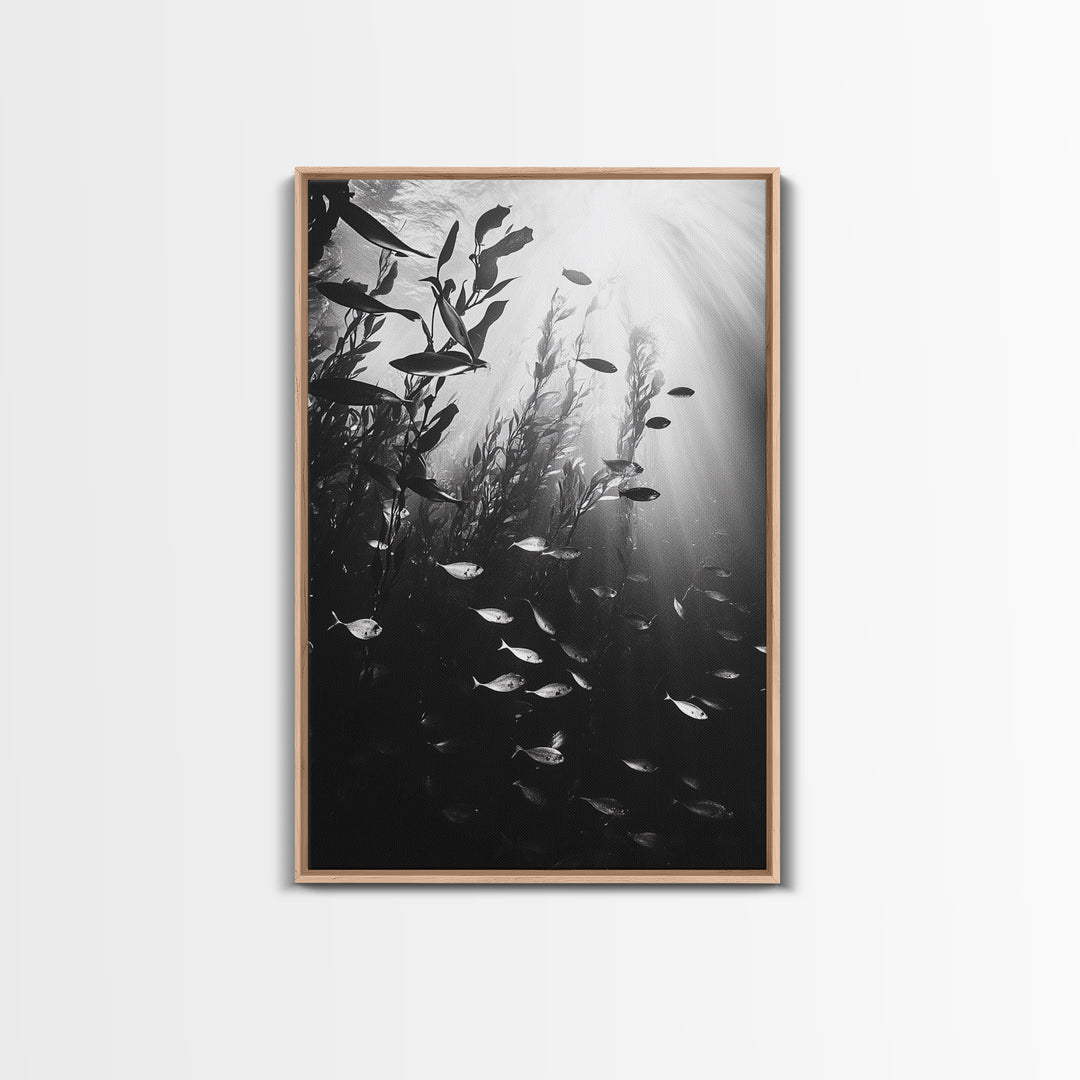 Kelp Forest Depth, Underwater Fish Scene, Ocean Life, Canvas Print, Marine Wall Art, Coastal Decor, Moody Nature Photography, Bathroom Art