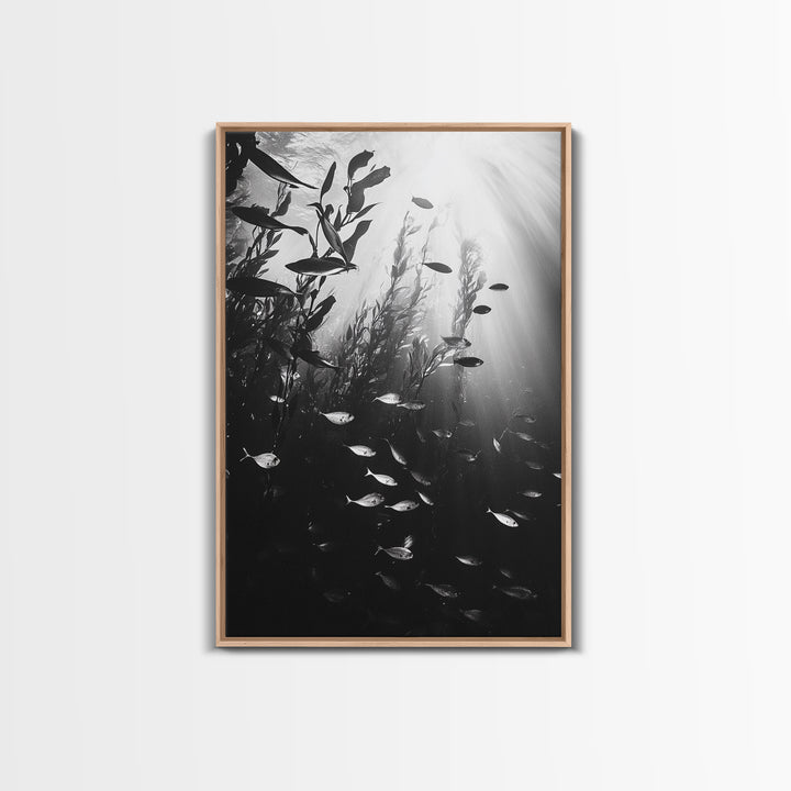 Kelp Forest Depth, Underwater Fish Scene, Ocean Life, Canvas Print, Marine Wall Art, Coastal Decor, Moody Nature Photography, Bathroom Art