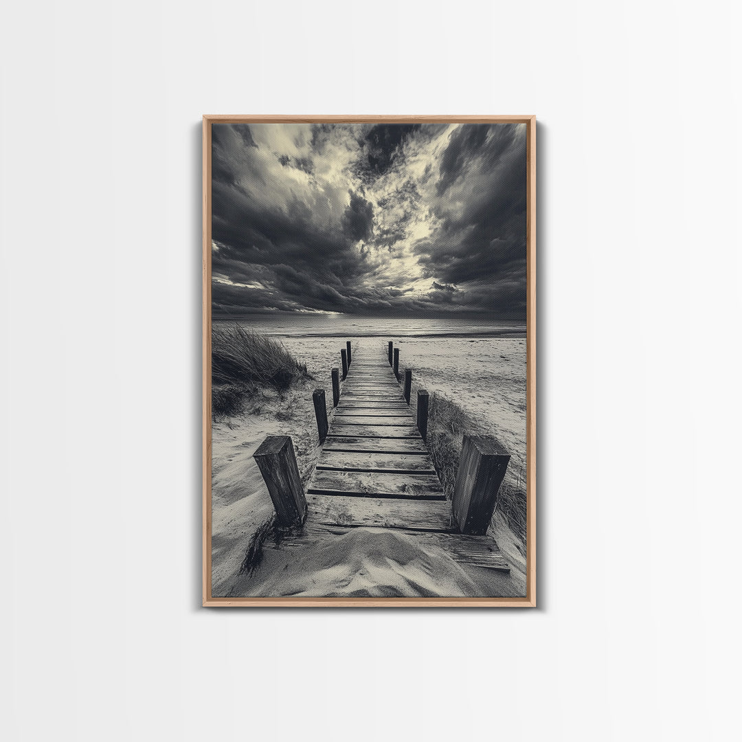 Stormy Beach Dock, Dramatic Skies, Coastal Mood, Framed Canvas Print, Fall Wall Art, Entryway Decor, Moody Seascape, Rustic Coastal Home