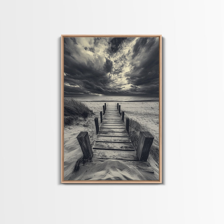Stormy Beach Dock, Dramatic Skies, Coastal Mood, Framed Canvas Print, Fall Wall Art, Entryway Decor, Moody Seascape, Rustic Coastal Home