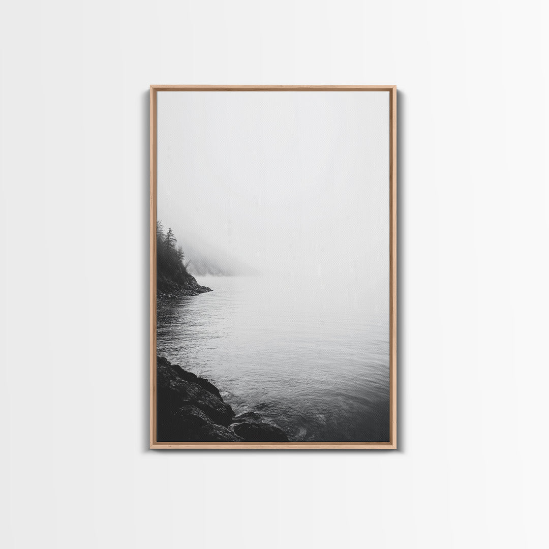 Misty Lakeshore, Foggy Forest Water, Monochrome Tranquility, Framed Canvas Print, Minimalist Art, Calm Landscape, Bedroom Wall Decor