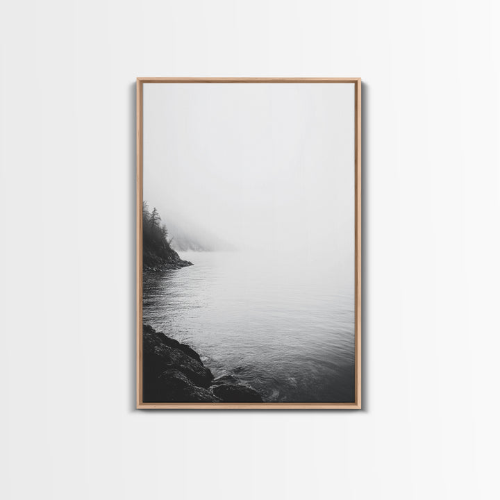 Misty Lakeshore, Foggy Forest Water, Monochrome Tranquility, Framed Canvas Print, Minimalist Art, Calm Landscape, Bedroom Wall Decor