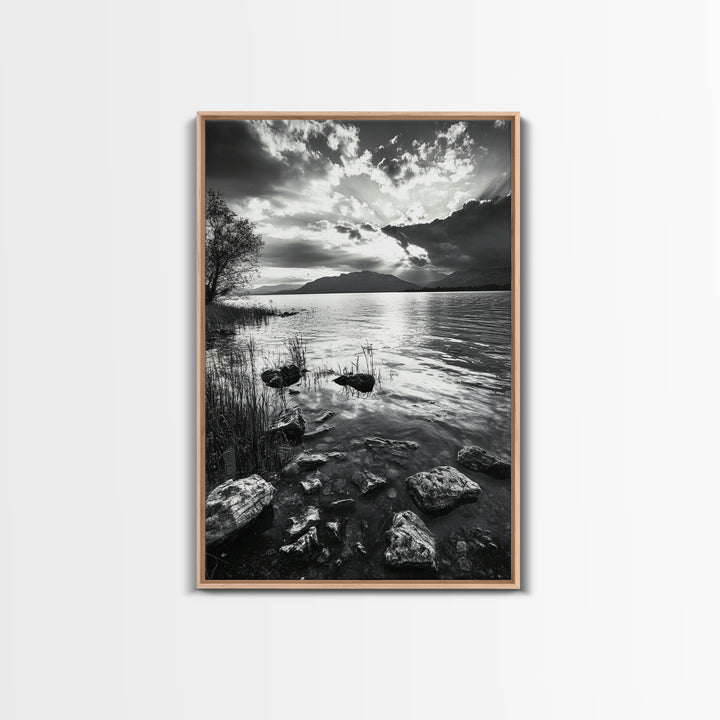 Lake Sunset View, Peaceful Mountainscape, Nature Reflection, Framed Canvas Print, Living Room Wall Art, Tranquil Scenic Landscape
