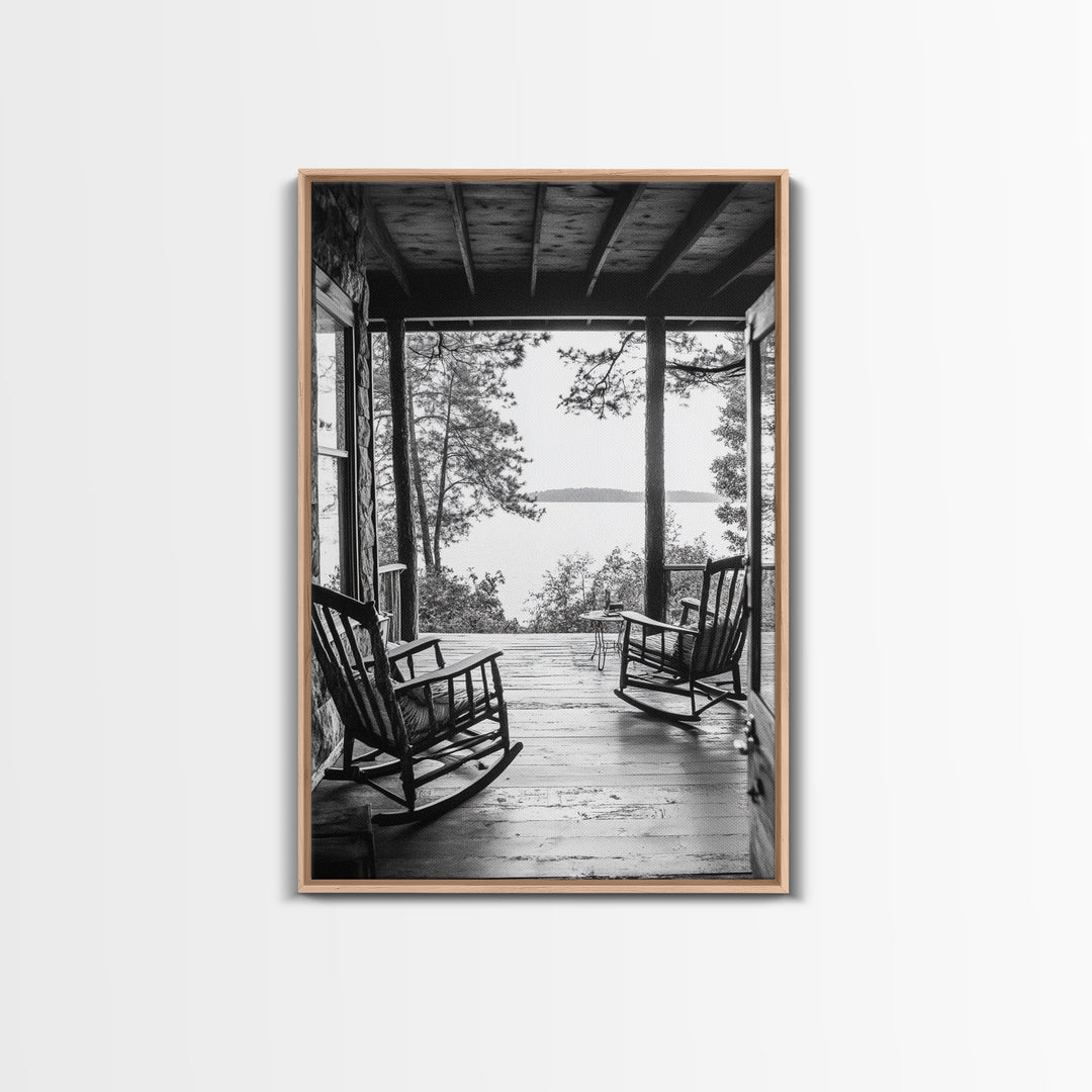 Rustic Porch View, Cabin Serenity, Lakefront Rocking Chairs, Framed Canvas Print, Farmhouse Wall Art, Living Room Decor, Fall Home Style