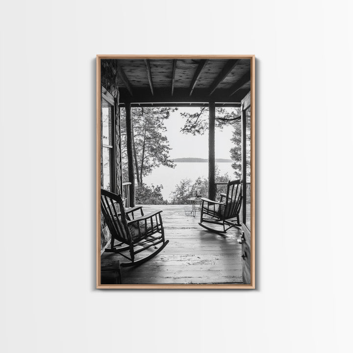 Rustic Porch View, Cabin Serenity, Lakefront Rocking Chairs, Framed Canvas Print, Farmhouse Wall Art, Living Room Decor, Fall Home Style