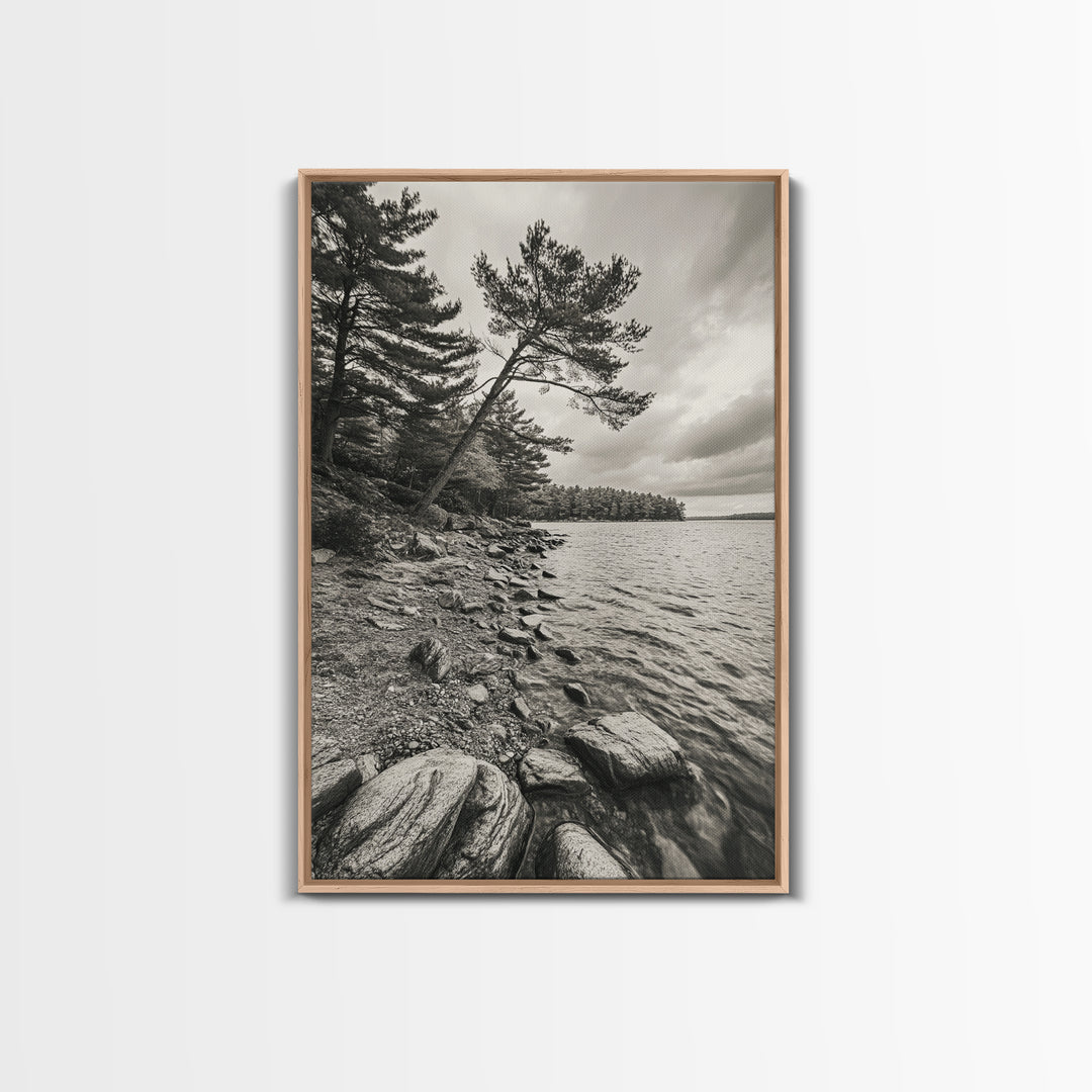 Pine Shoreline Landscape, Calm Water Trees, Autumn Mood, Canvas Print, Rustic Cabin Wall Art, Bedroom Nature Decor, Earthy Photography