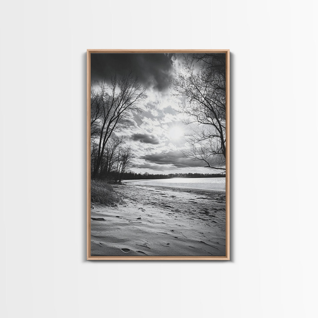 Dramatic Beach Sunset, Bare Trees Silhouette, Nature Photography, Framed Canvas Print, Fall Wall Art, Entryway Decor, Rustic Minimalist