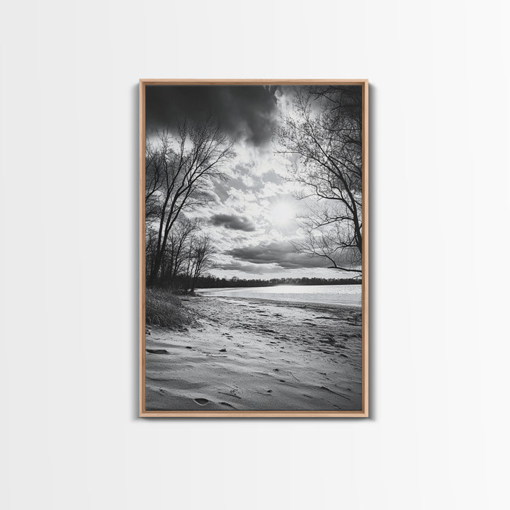 Dramatic Beach Sunset, Bare Trees Silhouette, Nature Photography, Framed Canvas Print, Fall Wall Art, Entryway Decor, Rustic Minimalist