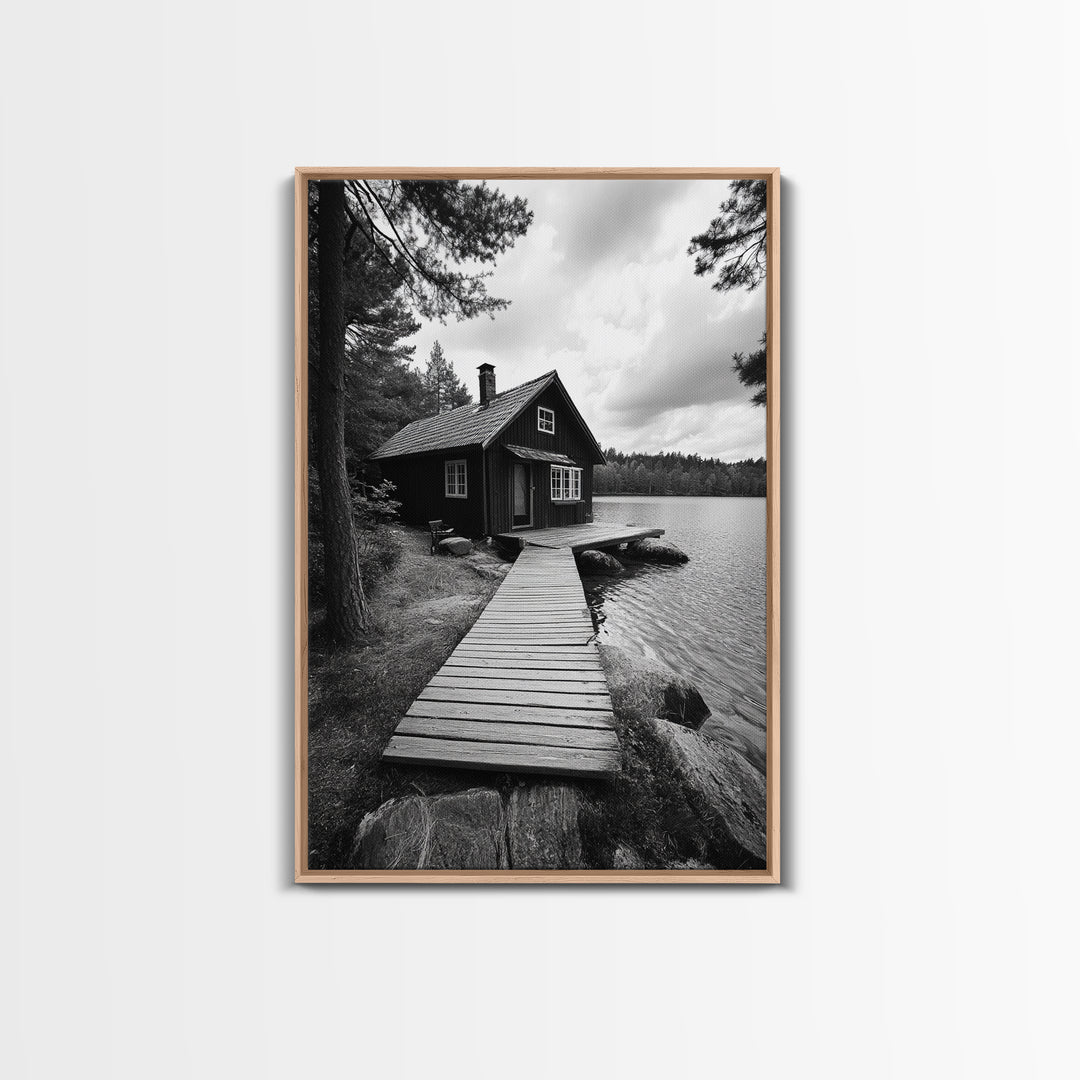 Lake Cabin Path, Nordic Forest Retreat, Nature Escape, Canvas Print, Cozy Wall Art, Scandinavian Decor, Fall Rustic Living Room Art