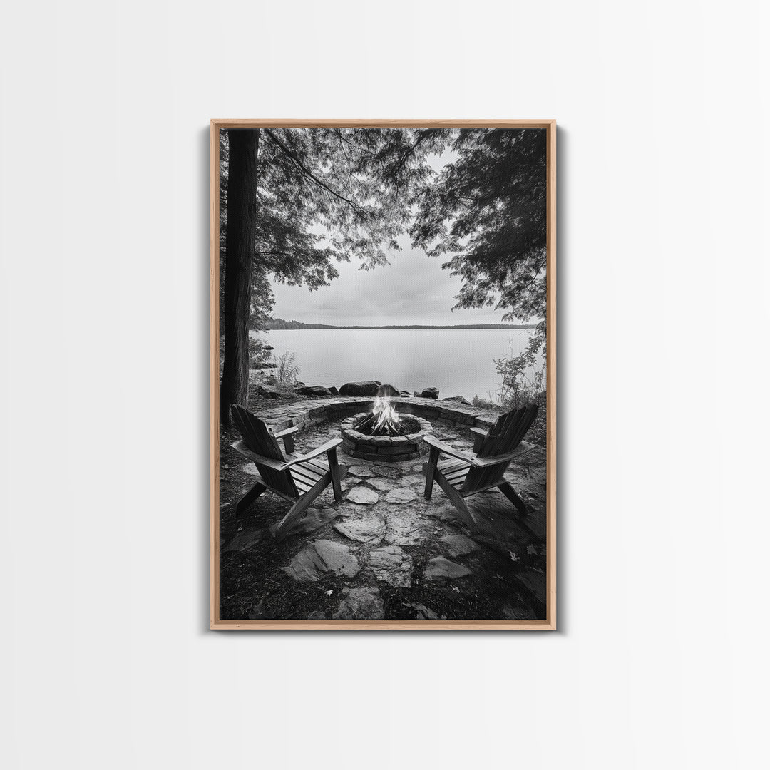 Campfire Lake Night, Adirondack Chairs, Wilderness Glow, Framed Canvas Print, Outdoor Living Wall Art, Cabin Decor, Autumn Retreat Art