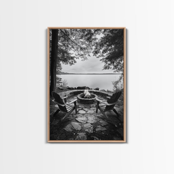 Campfire Lake Night, Adirondack Chairs, Wilderness Glow, Framed Canvas Print, Outdoor Living Wall Art, Cabin Decor, Autumn Retreat Art