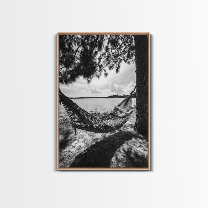 Hammock Lake View, Peaceful Retreat, Summer Breeze, Canvas Print, Boho Outdoor Art, Bedroom Relaxation Decor, Minimalist Coastal Vibe