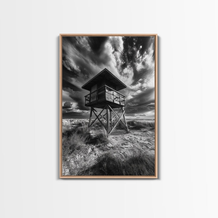 Lifeguard Tower Drama, Windy Beach Sky, Ocean Landscape, Canvas Print, Coastal Wall Art, Moody Surreal Decor, Living Room Statement Art
