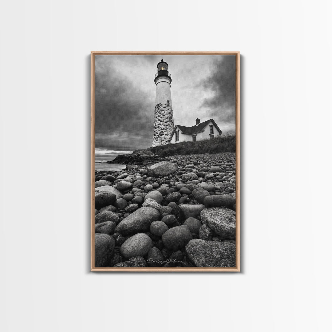 Lighthouse Shore Rocks, Coastal Beacon, Moody Clouds, Framed Canvas Print, Nautical Wall Art, Rustic Beach House Decor, Fall Storm Style