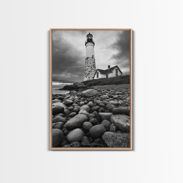 Lighthouse Shore Rocks, Coastal Beacon, Moody Clouds, Framed Canvas Print, Nautical Wall Art, Rustic Beach House Decor, Fall Storm Style