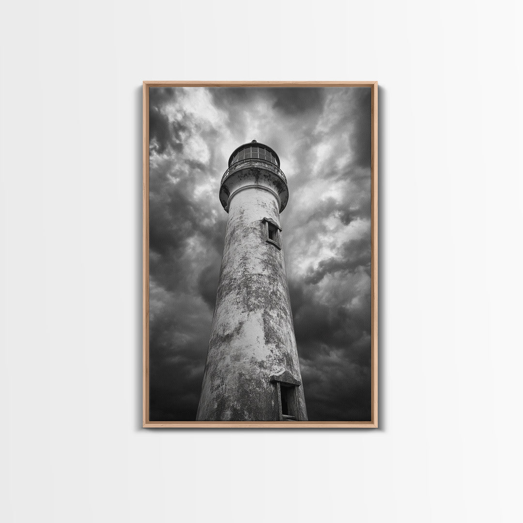 Stormy Lighthouse Closeup, Dramatic Skies, Weathered Beacon, Canvas Print, Coastal Decor, Dark Nautical Wall Art, Moody Ocean Theme