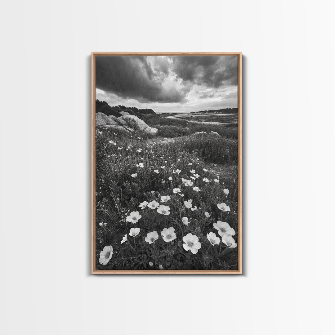 Meadow Bloom, Coastal Flowers, Stormy Sky, Framed Canvas Print, Spring Wall Art, Nature Photography, Kitchen Botanical Decor