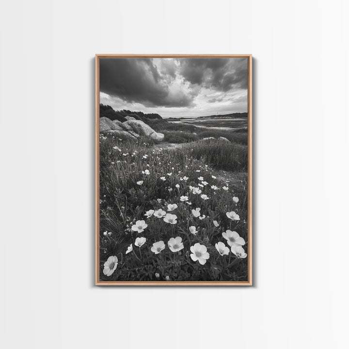 Meadow Bloom, Coastal Flowers, Stormy Sky, Framed Canvas Print, Spring Wall Art, Nature Photography, Kitchen Botanical Decor