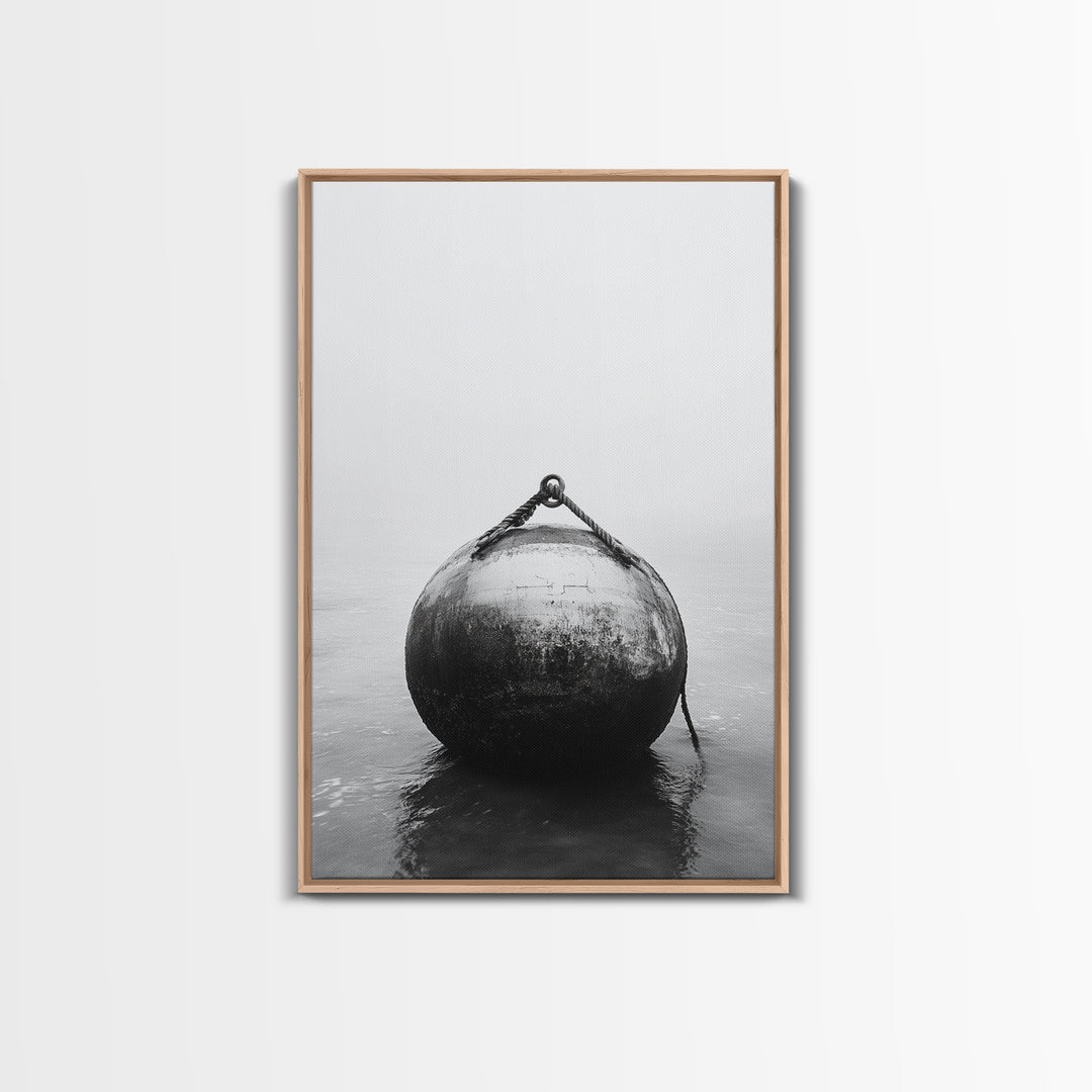 Buoy Stillness, Ocean Fog, Minimal Water, Framed Canvas Print, Nautical Wall Art, Bathroom Decor, Calm Coastal Black and White Art